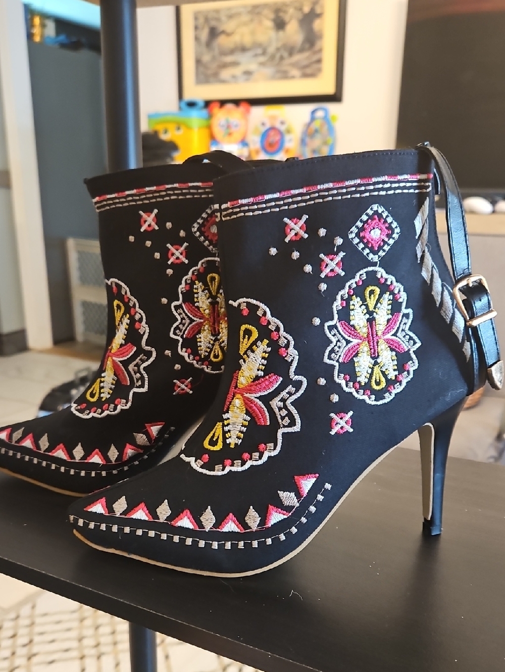 Black Embroidered Ankle Booties with Pink & Yellow Accents